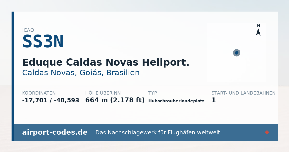 Generierte Übersichtsgrafik zum Flughafen Eduque Caldas Novas Heliport. mit Codes, Koordinaten und Bahnenskizze