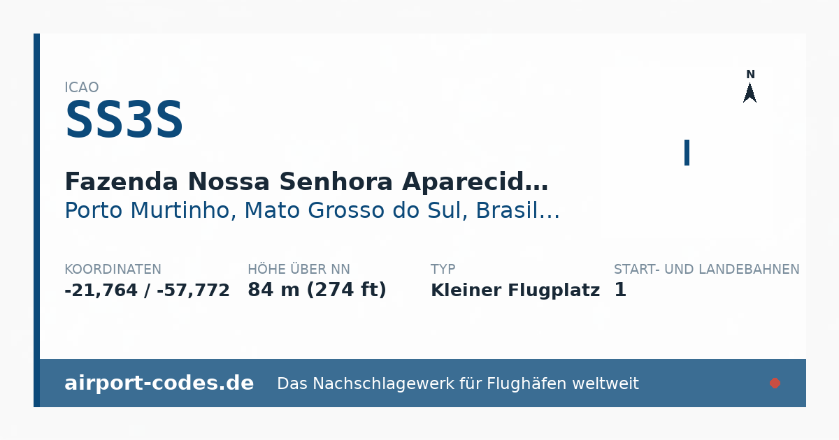 Generierte Übersichtsgrafik zum Flughafen Fazenda Nossa Senhora Aparecida Airstrip mit Codes, Koordinaten und Bahnenskizze