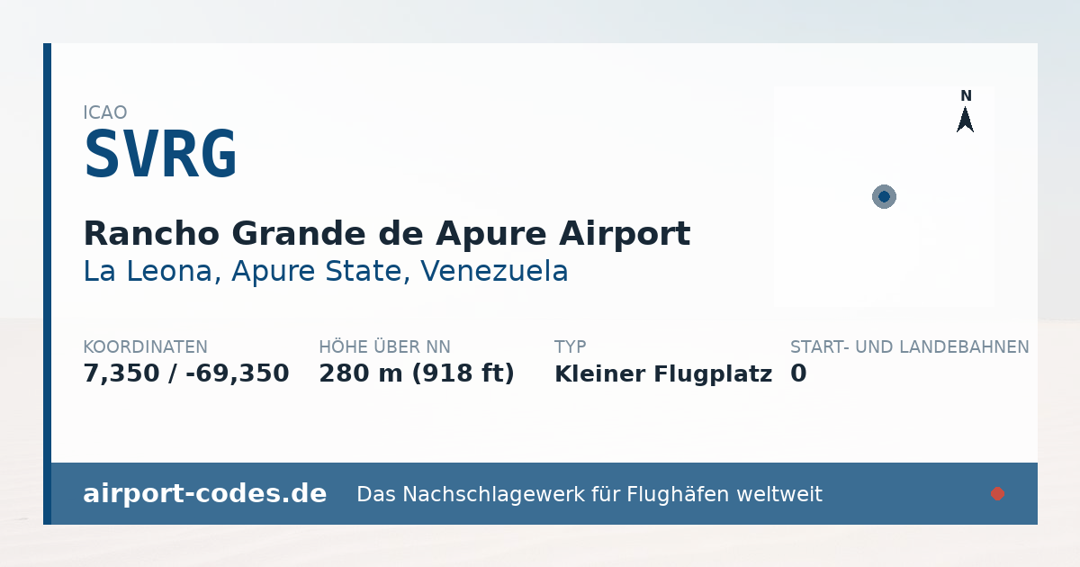 Generierte Übersichtsgrafik zum Flughafen Rancho Grande de Apure Airport mit Codes, Koordinaten und Bahnenskizze