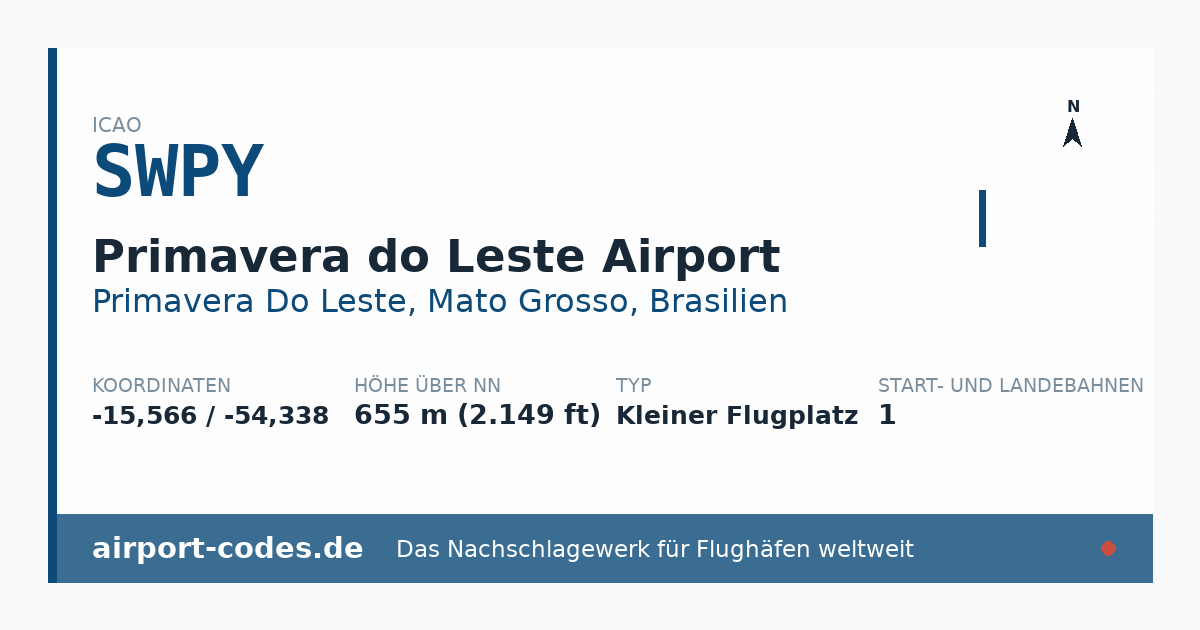 Generierte Übersichtsgrafik zum Flughafen Primavera do Leste Airport mit Codes, Koordinaten und Bahnenskizze