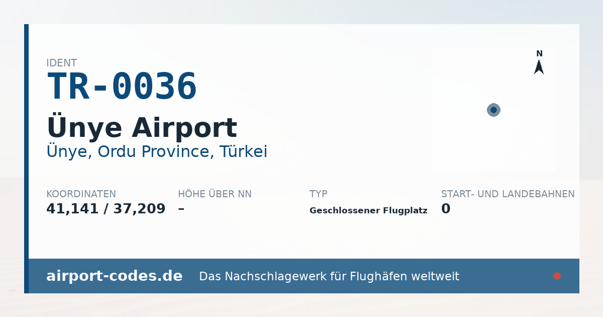 Generierte Übersichtsgrafik zum Flughafen Ünye Airport mit Codes, Koordinaten und Bahnenskizze
