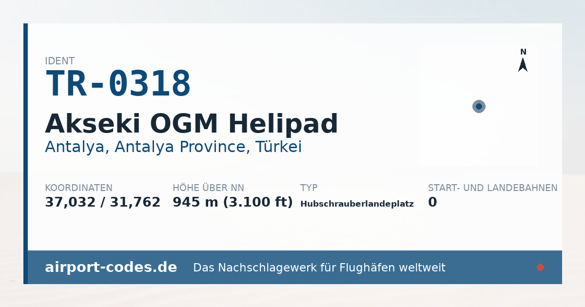 Generierte Übersichtsgrafik zum Flughafen Akseki OGM Helipad mit Codes, Koordinaten und Bahnenskizze