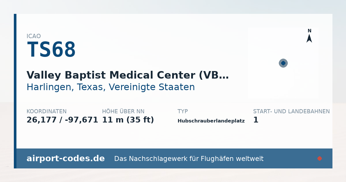Generierte Übersichtsgrafik zum Flughafen Valley Baptist Medical Center (VBMC) Heliport mit Codes, Koordinaten und Bahnenskizze