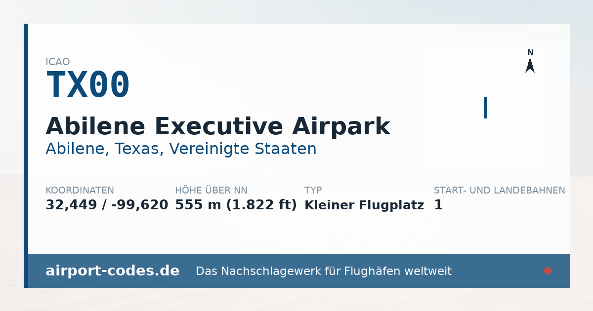 Generierte Übersichtsgrafik zum Flughafen Abilene Executive Airpark mit Codes, Koordinaten und Bahnenskizze