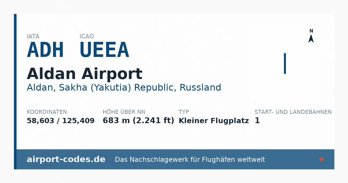 Generierte Übersichtsgrafik zum Flughafen Aldan Airport mit Codes, Koordinaten und Bahnenskizze