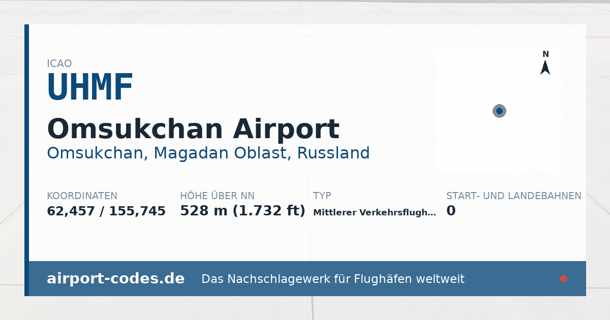 Generierte Übersichtsgrafik zum Flughafen Omsukchan Airport mit Codes, Koordinaten und Bahnenskizze