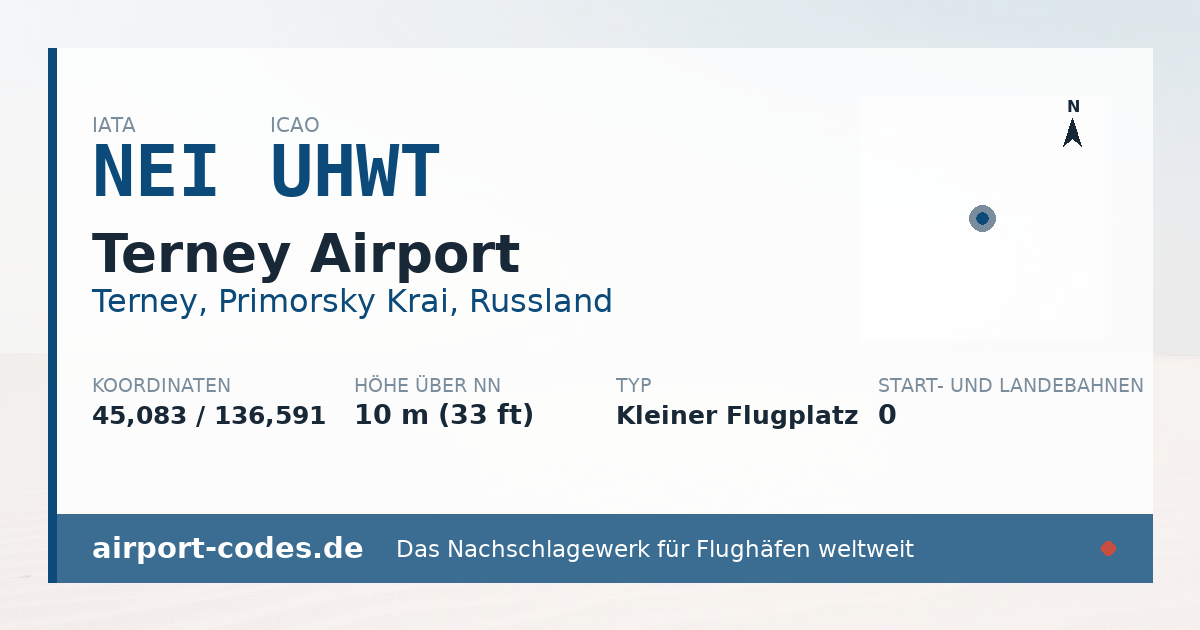 Generierte Übersichtsgrafik zum Flughafen Terney Airport mit Codes, Koordinaten und Bahnenskizze