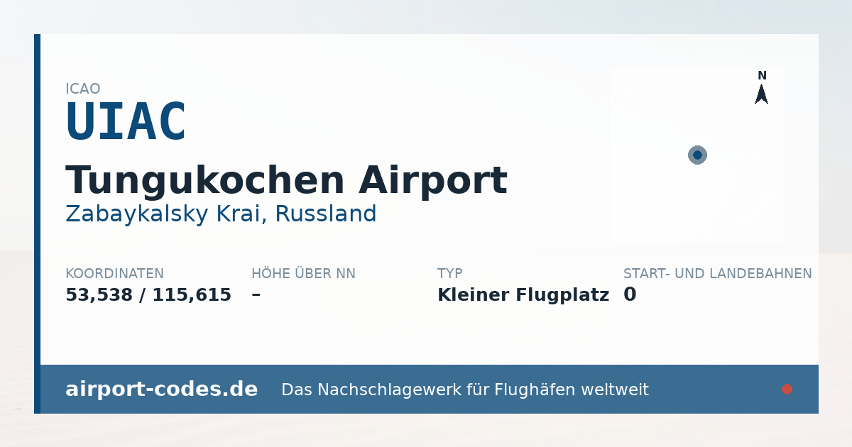 Generierte Übersichtsgrafik zum Flughafen Tungukochen Airport mit Codes, Koordinaten und Bahnenskizze