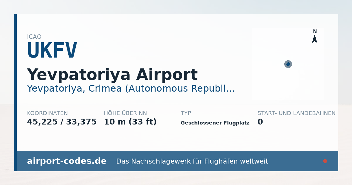 Generierte Übersichtsgrafik zum Flughafen Yevpatoriya Airport mit Codes, Koordinaten und Bahnenskizze