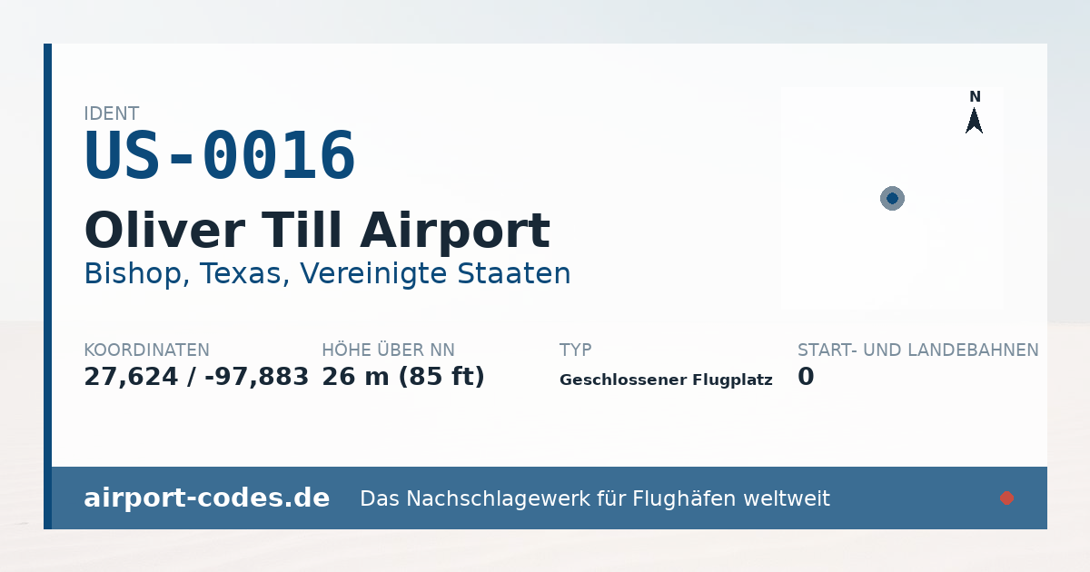 Generierte Übersichtsgrafik zum Flughafen Oliver Till Airport mit Codes, Koordinaten und Bahnenskizze