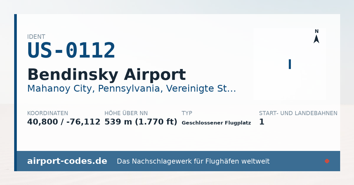 Generierte Übersichtsgrafik zum Flughafen Bendinsky Airport mit Codes, Koordinaten und Bahnenskizze