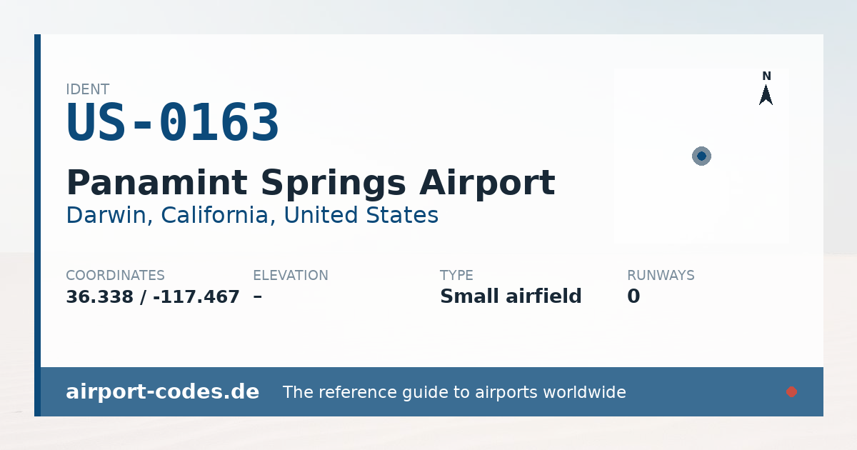 Generated summary graphic for Panamint Springs Airport showing codes, coordinates and a runway sketch