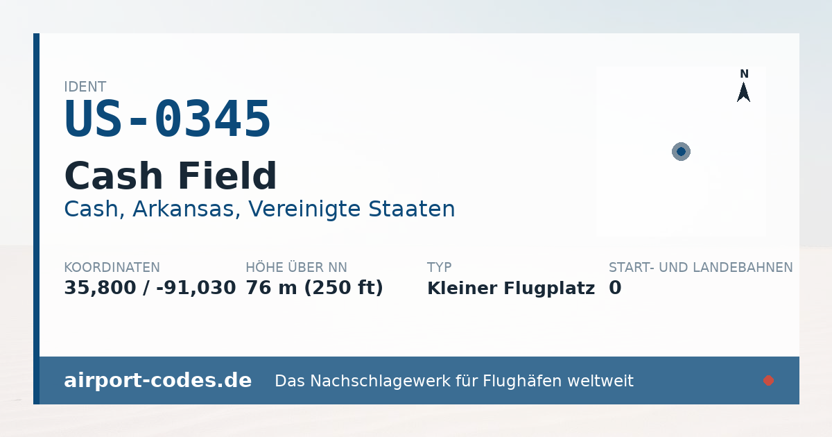 Generierte Übersichtsgrafik zum Flughafen Cash Field mit Codes, Koordinaten und Bahnenskizze