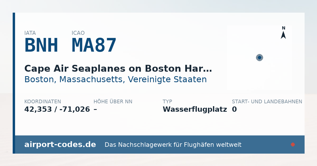 Generierte Übersichtsgrafik zum Flughafen Cape Air Seaplanes on Boston Harbor Seaplane Base mit Codes, Koordinaten und Bahnenskizze