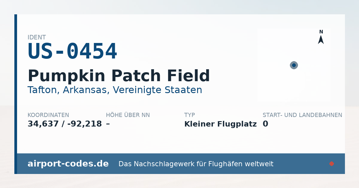 Generierte Übersichtsgrafik zum Flughafen Pumpkin Patch Field mit Codes, Koordinaten und Bahnenskizze
