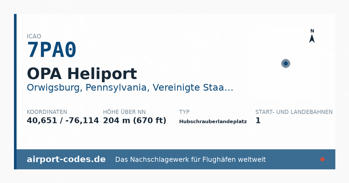 Generierte Übersichtsgrafik zum Flughafen OPA Heliport mit Codes, Koordinaten und Bahnenskizze