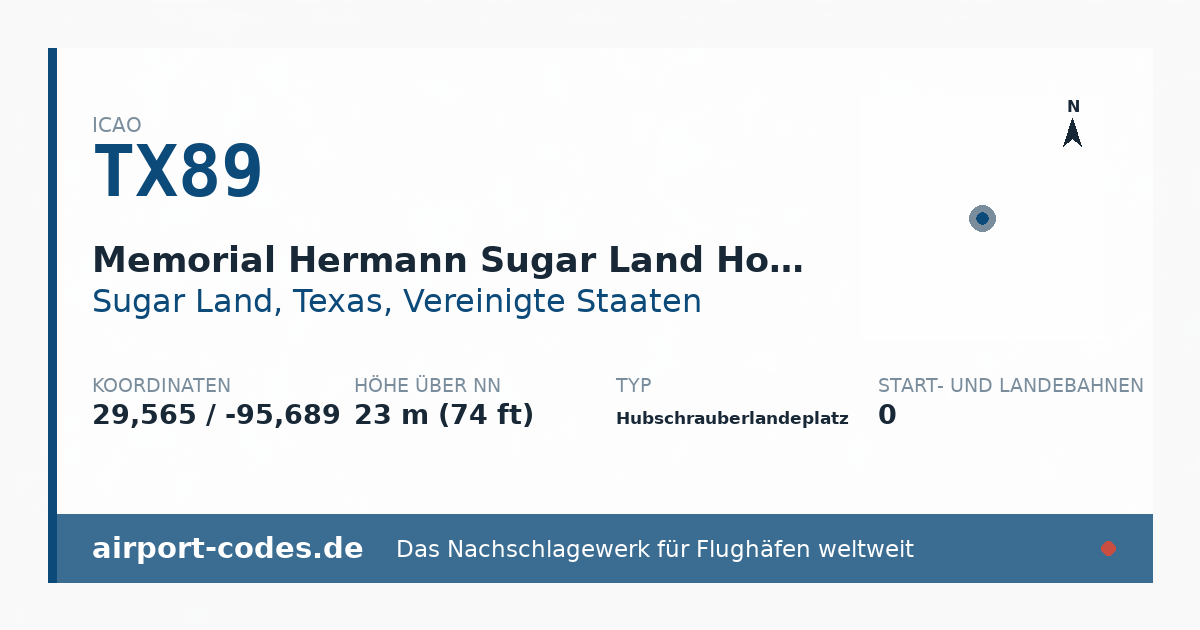 Generierte Übersichtsgrafik zum Flughafen Memorial Hermann Sugar Land Hospital Heliport mit Codes, Koordinaten und Bahnenskizze