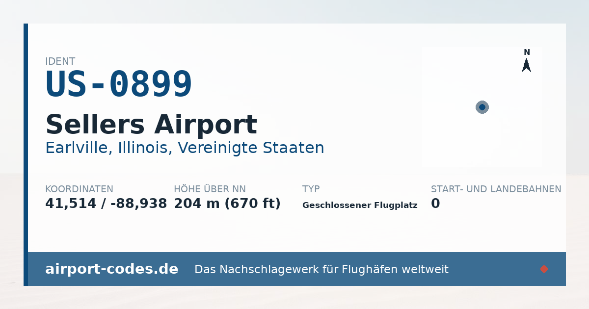Generierte Übersichtsgrafik zum Flughafen Sellers Airport mit Codes, Koordinaten und Bahnenskizze