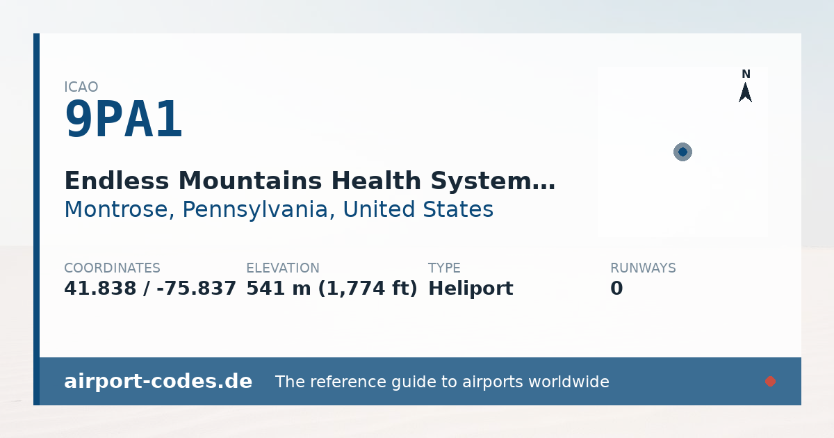 Generated summary graphic for Endless Mountains Health Systems Heliport showing codes, coordinates and a runway sketch