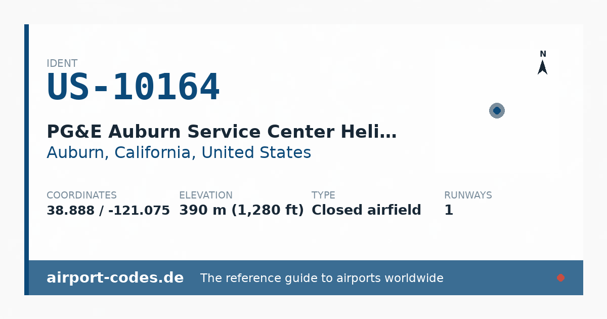 Generated summary graphic for PG&E Auburn Service Center Heliport showing codes, coordinates and a runway sketch