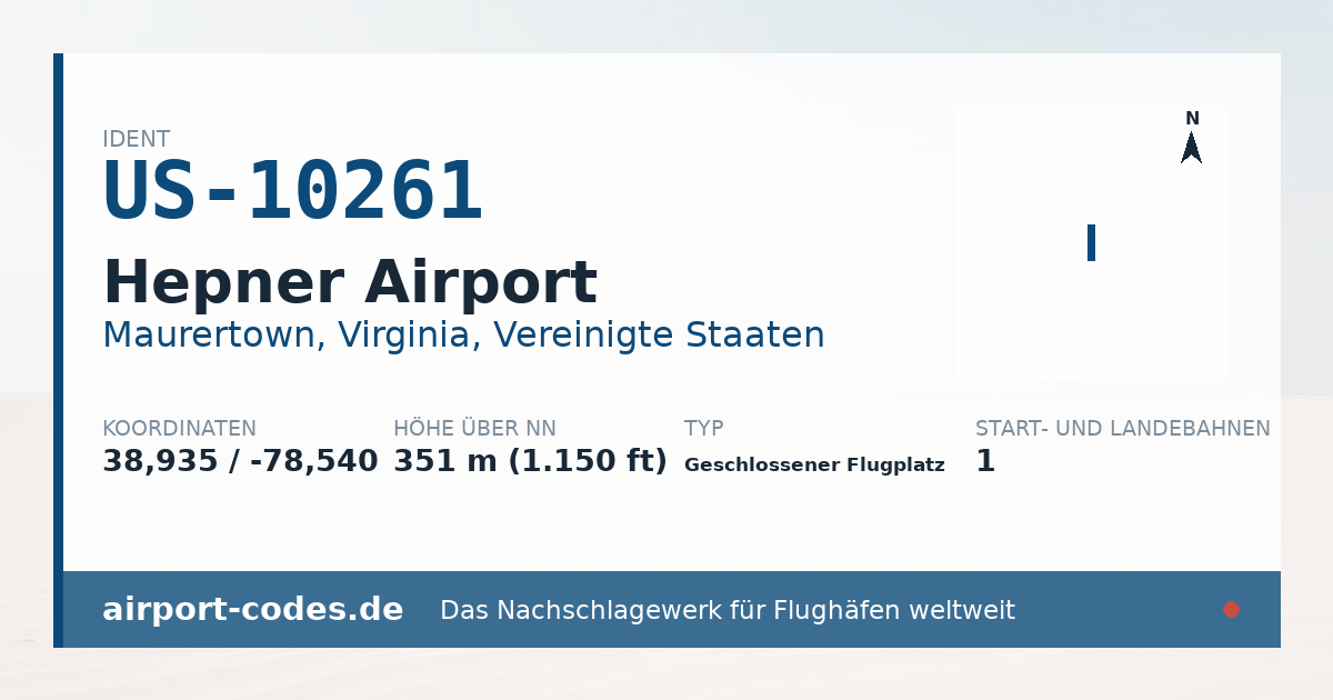 Generierte Übersichtsgrafik zum Flughafen Hepner Airport mit Codes, Koordinaten und Bahnenskizze