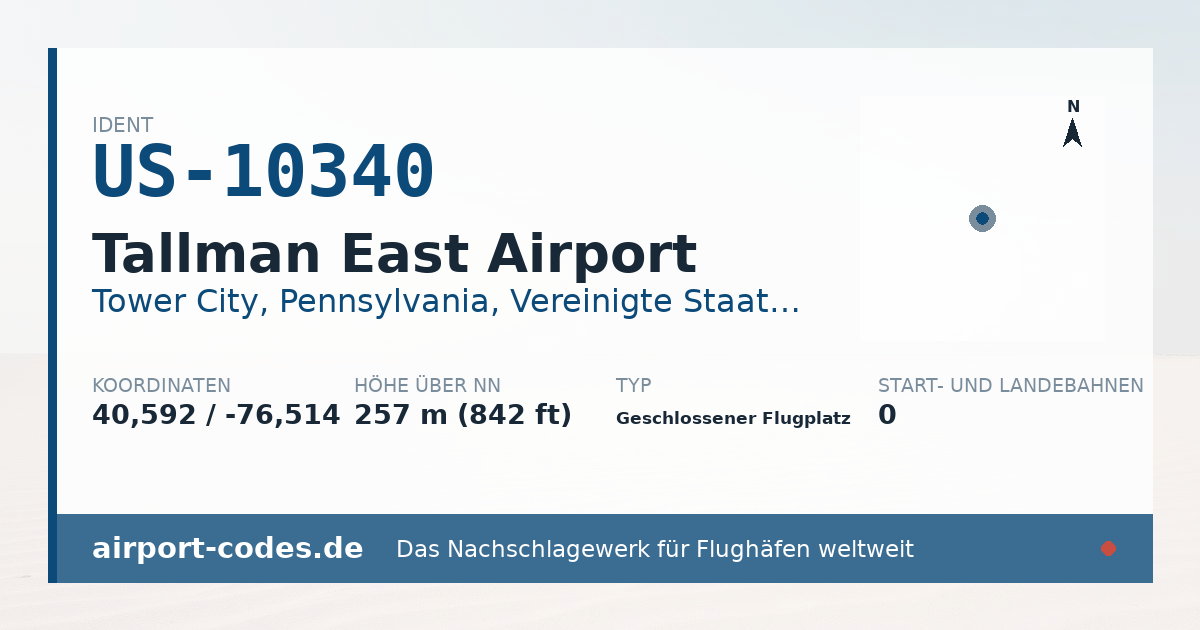 Generierte Übersichtsgrafik zum Flughafen Tallman East Airport mit Codes, Koordinaten und Bahnenskizze