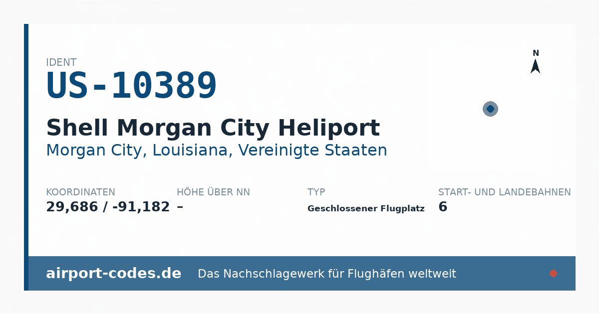 Generierte Übersichtsgrafik zum Flughafen Shell Morgan City Heliport mit Codes, Koordinaten und Bahnenskizze