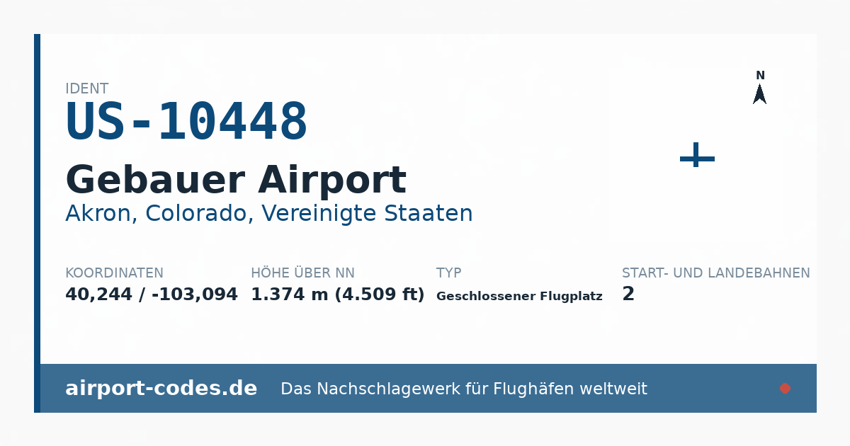 Generierte Übersichtsgrafik zum Flughafen Gebauer Airport mit Codes, Koordinaten und Bahnenskizze