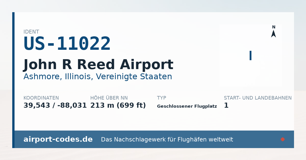 Generierte Übersichtsgrafik zum Flughafen John R Reed Airport mit Codes, Koordinaten und Bahnenskizze