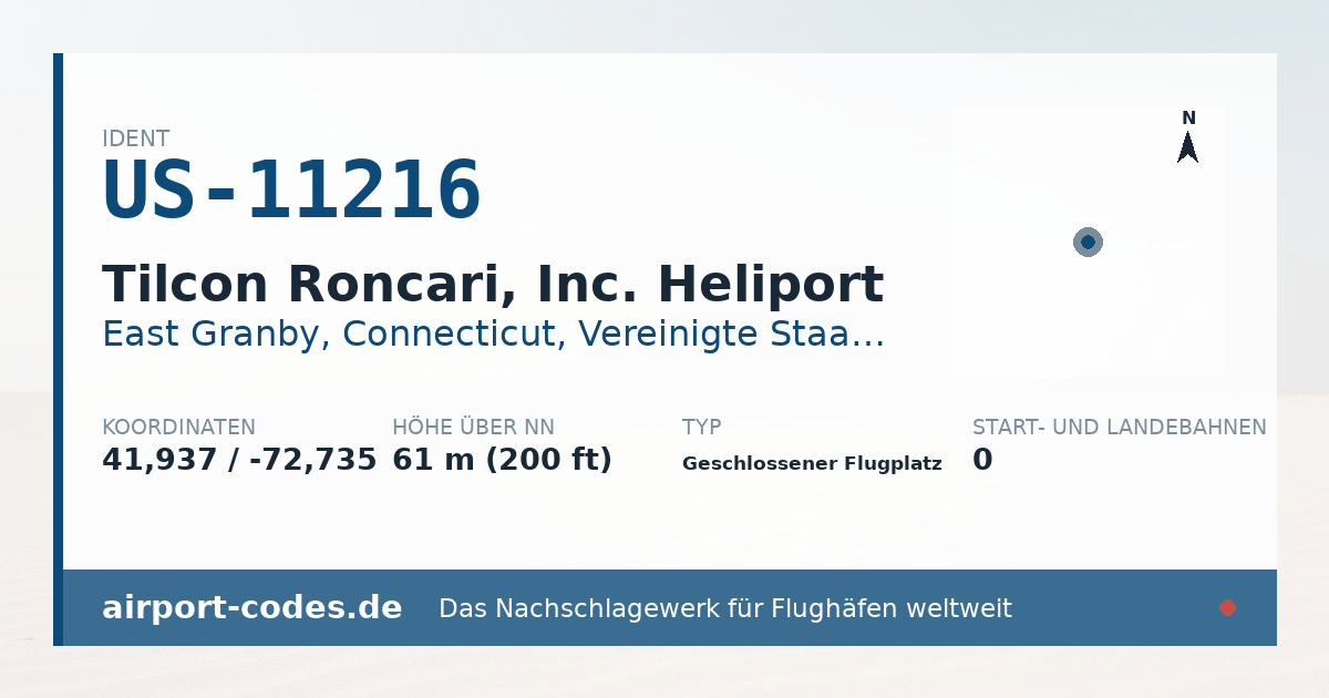 Generierte Übersichtsgrafik zum Flughafen Tilcon Roncari, Inc. Heliport mit Codes, Koordinaten und Bahnenskizze