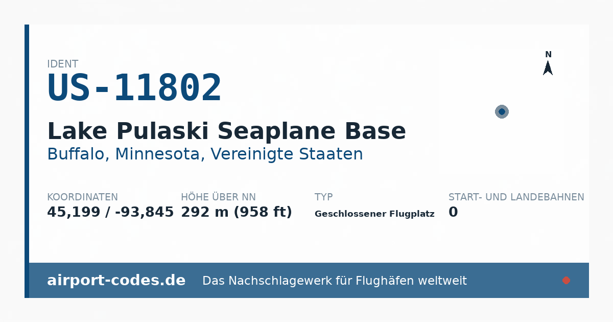 Generierte Übersichtsgrafik zum Flughafen Lake Pulaski Seaplane Base mit Codes, Koordinaten und Bahnenskizze