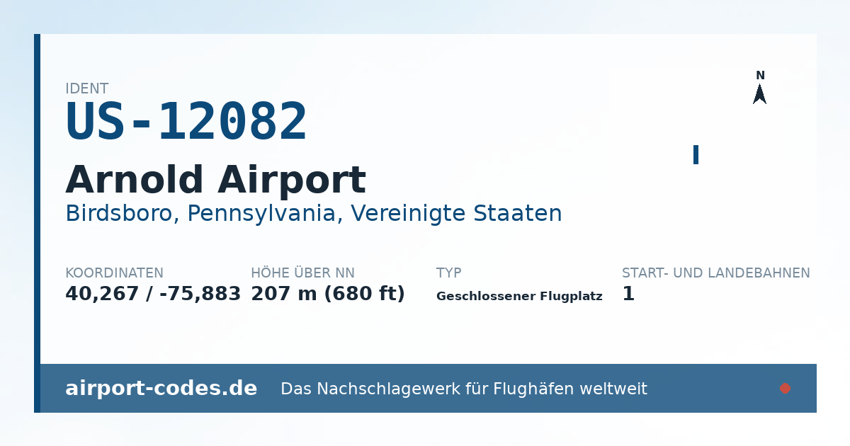 Generierte Übersichtsgrafik zum Flughafen Arnold Airport mit Codes, Koordinaten und Bahnenskizze