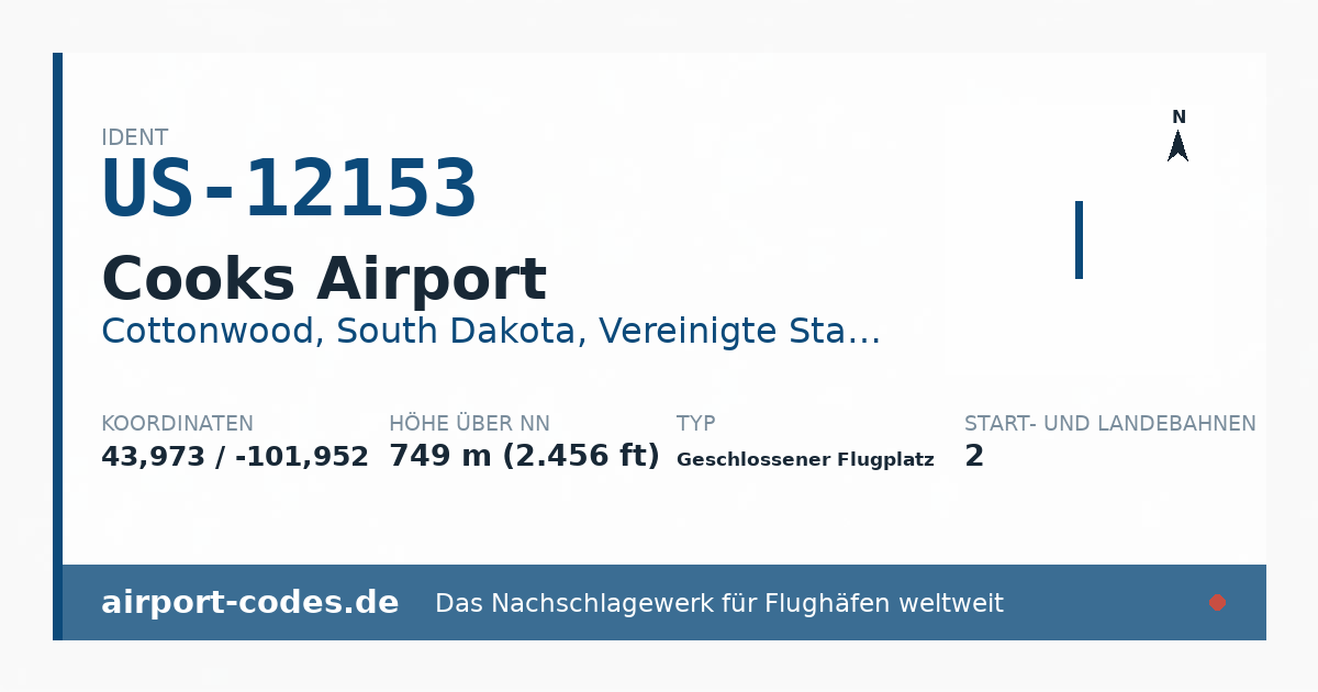 Generierte Übersichtsgrafik zum Flughafen Cooks Airport mit Codes, Koordinaten und Bahnenskizze