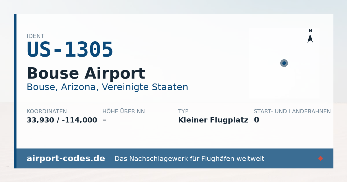 Generierte Übersichtsgrafik zum Flughafen Bouse Airport mit Codes, Koordinaten und Bahnenskizze
