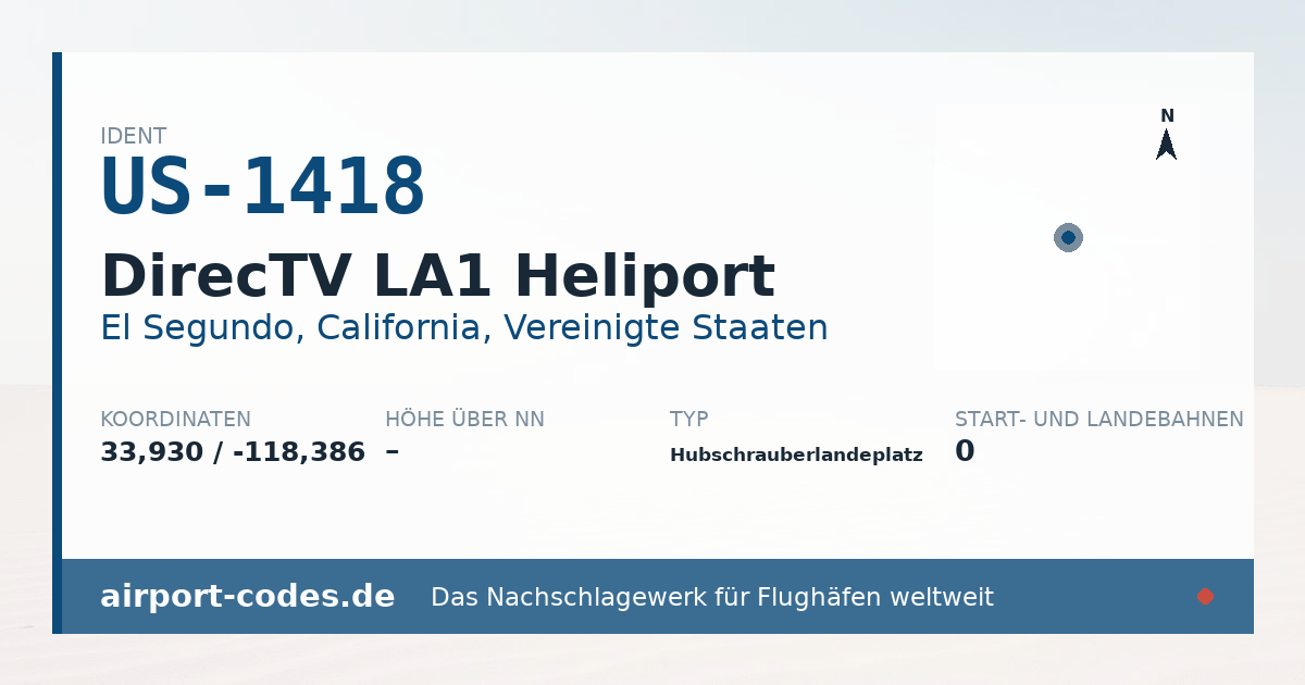 Generierte Übersichtsgrafik zum Flughafen DirecTV LA1 Heliport mit Codes, Koordinaten und Bahnenskizze