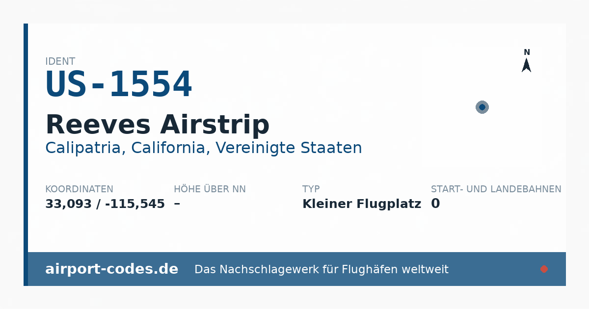 Generierte Übersichtsgrafik zum Flughafen Reeves Airstrip mit Codes, Koordinaten und Bahnenskizze