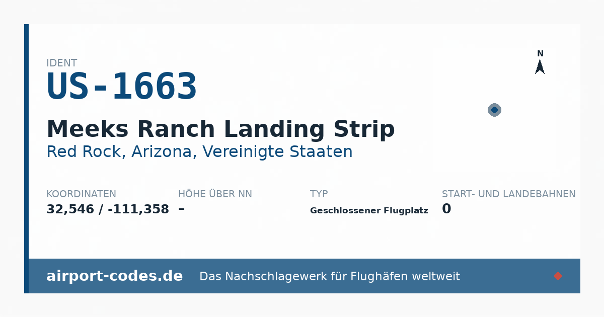 Generierte Übersichtsgrafik zum Flughafen Meeks Ranch Landing Strip mit Codes, Koordinaten und Bahnenskizze