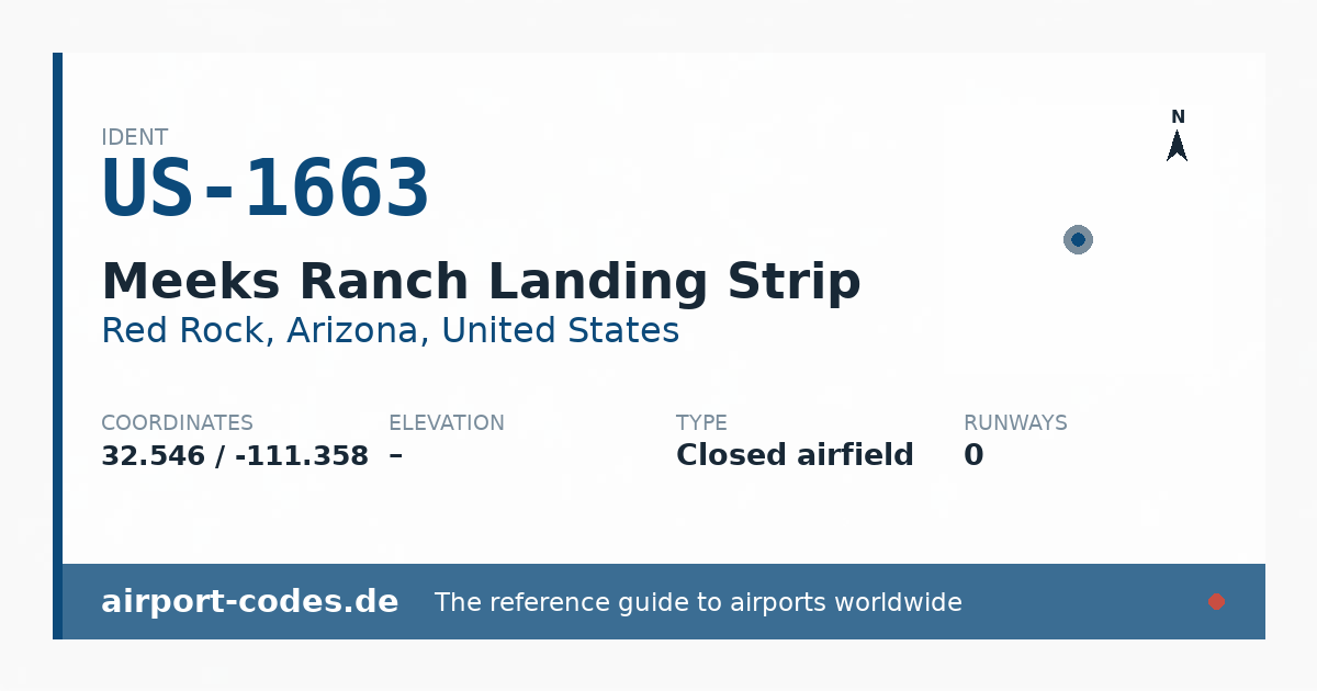 Generated summary graphic for Meeks Ranch Landing Strip showing codes, coordinates and a runway sketch