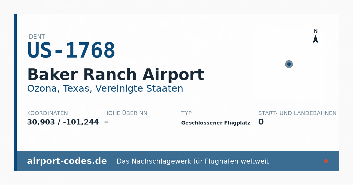 Generierte Übersichtsgrafik zum Flughafen Baker Ranch Airport mit Codes, Koordinaten und Bahnenskizze