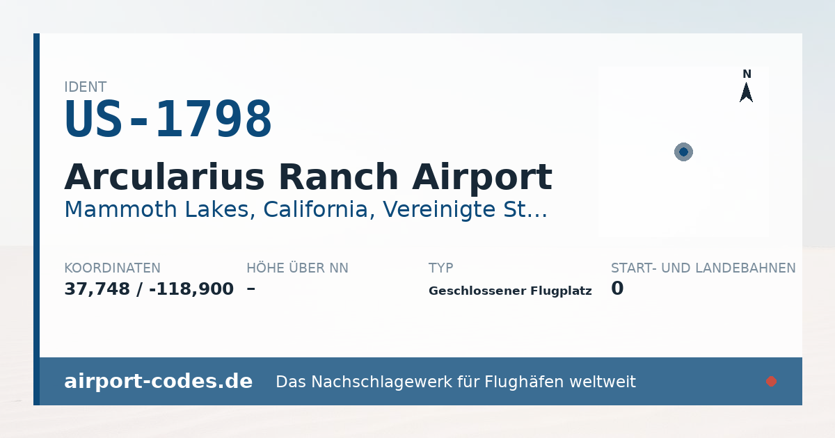 Generierte Übersichtsgrafik zum Flughafen Arcularius Ranch Airport mit Codes, Koordinaten und Bahnenskizze