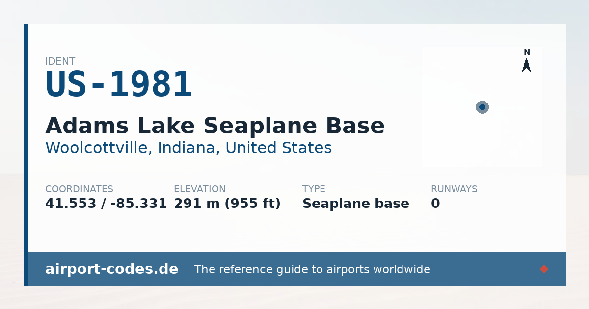 Generated summary graphic for Adams Lake Seaplane Base showing codes, coordinates and a runway sketch