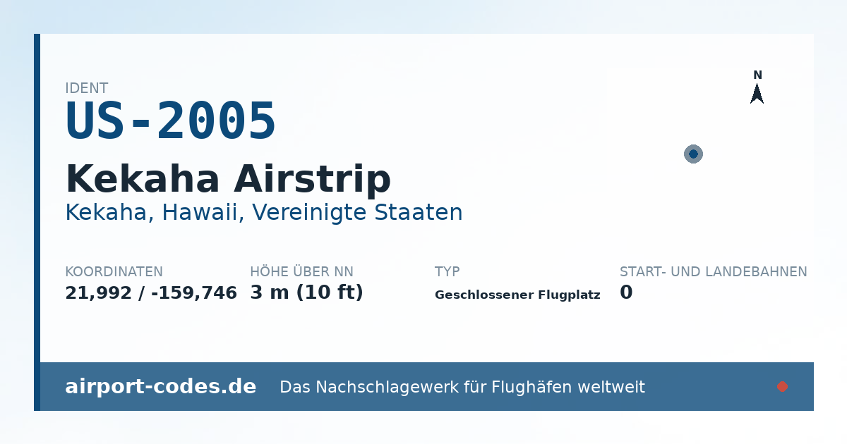 Generierte Übersichtsgrafik zum Flughafen Kekaha Airstrip mit Codes, Koordinaten und Bahnenskizze