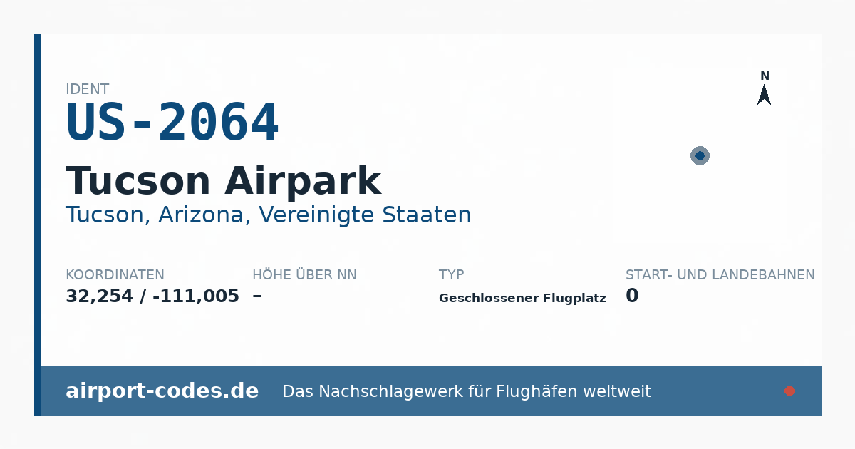 Generierte Übersichtsgrafik zum Flughafen Tucson Airpark mit Codes, Koordinaten und Bahnenskizze