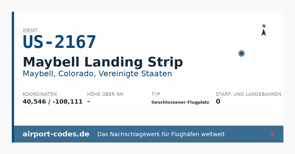 Generierte Übersichtsgrafik zum Flughafen Maybell Landing Strip mit Codes, Koordinaten und Bahnenskizze