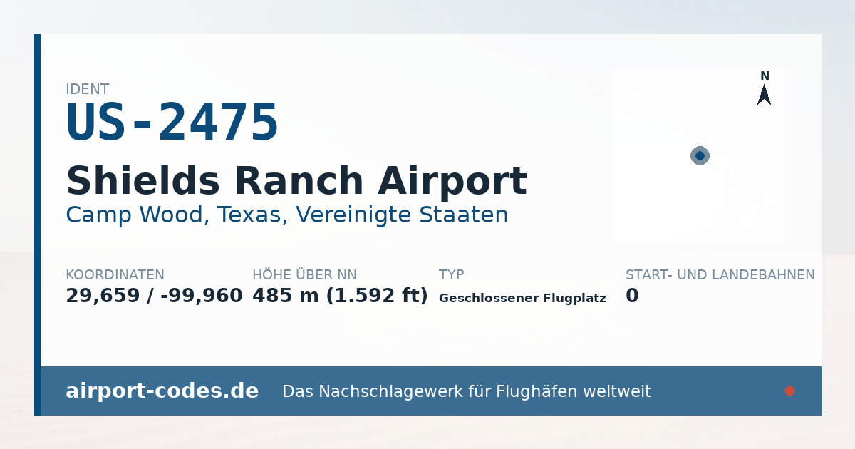 Generierte Übersichtsgrafik zum Flughafen Shields Ranch Airport mit Codes, Koordinaten und Bahnenskizze