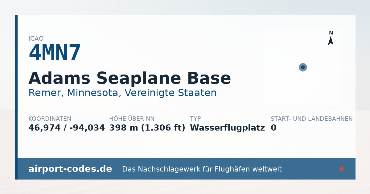 Generierte Übersichtsgrafik zum Flughafen Adams Seaplane Base mit Codes, Koordinaten und Bahnenskizze