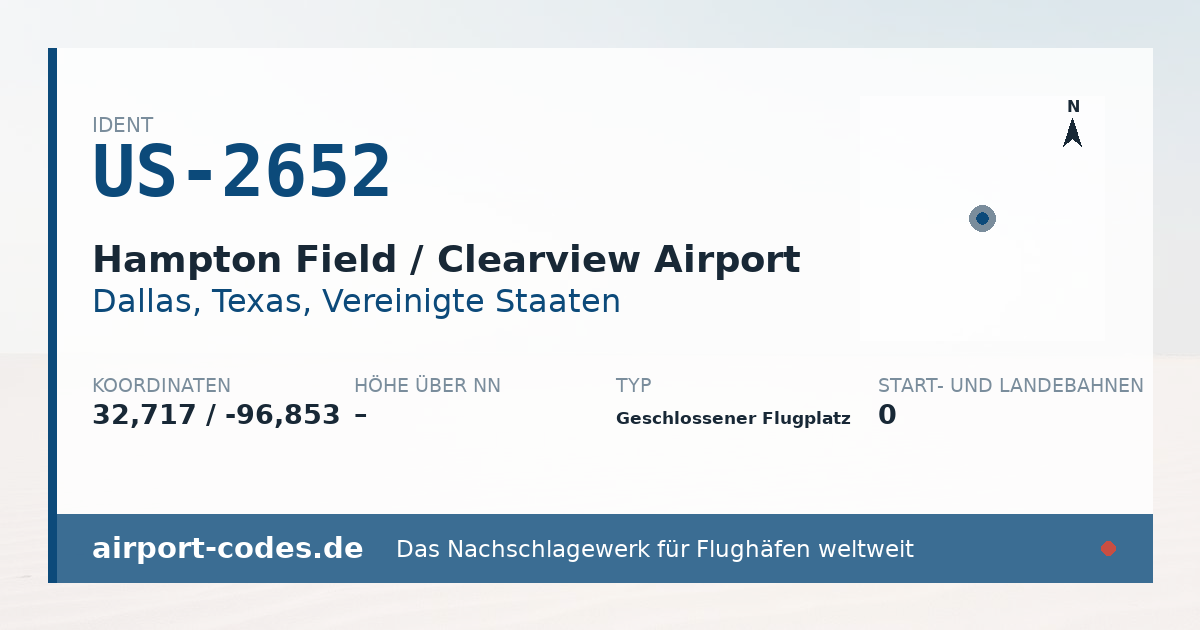 Generierte Übersichtsgrafik zum Flughafen Hampton Field / Clearview Airport mit Codes, Koordinaten und Bahnenskizze
