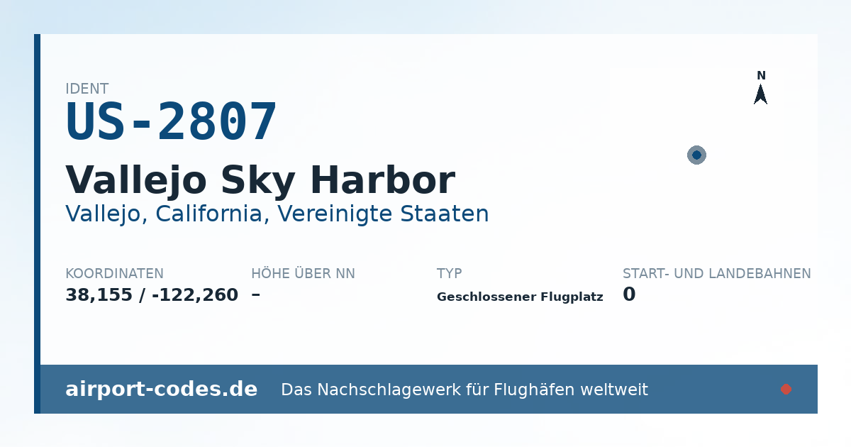 Generierte Übersichtsgrafik zum Flughafen Vallejo Sky Harbor mit Codes, Koordinaten und Bahnenskizze