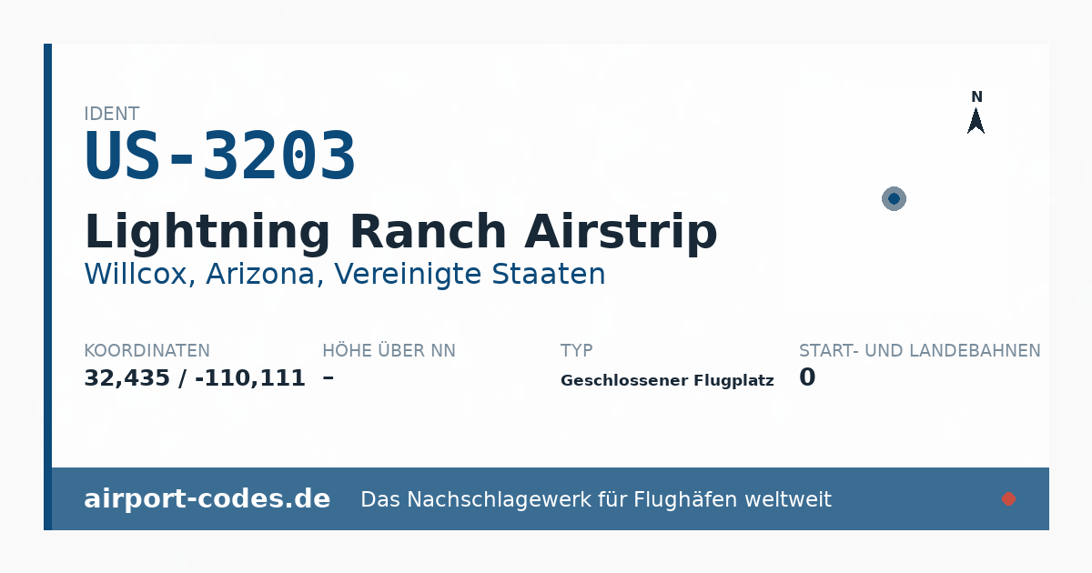 Generierte Übersichtsgrafik zum Flughafen Lightning Ranch Airstrip mit Codes, Koordinaten und Bahnenskizze