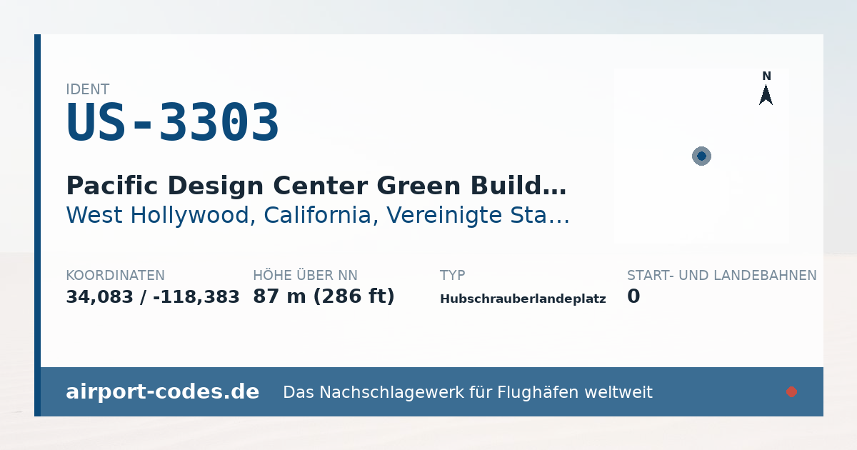 Generierte Übersichtsgrafik zum Flughafen Pacific Design Center Green Building Helipad mit Codes, Koordinaten und Bahnenskizze